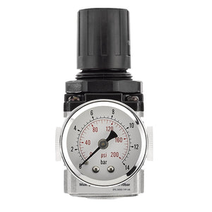 A close-up view of the Draper 1/4" Bsp Regulator Unit - ALR1 gauge, dual marked with measurements in psi and bar, showing compressed air pressure, featuring a black adjustment knob on top.