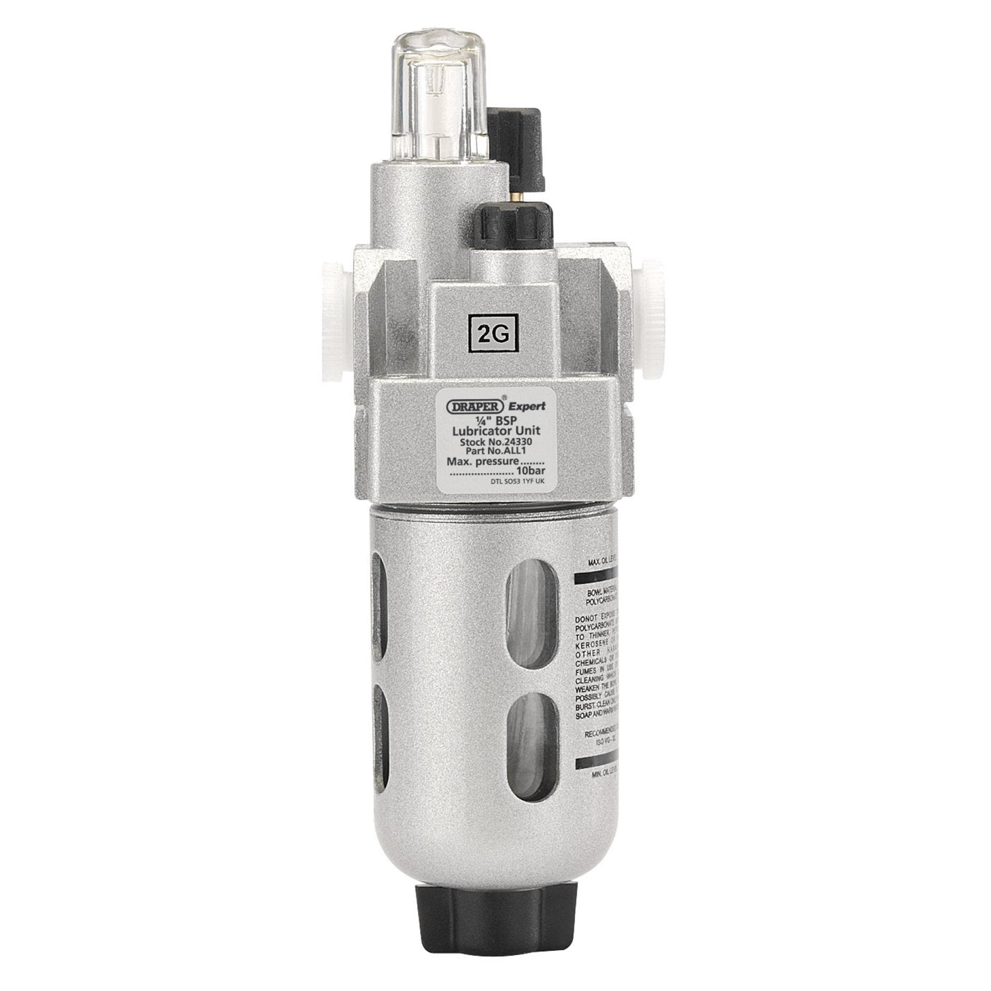 Image of the Draper 1/4" BSP Lubricator Unit - ALL1, featuring a metallic body, digital gauge, pressure adjustment knob, and clear plastic cap on top. Designed for maintaining optimal air pressure in pneumatic systems, it includes adjustable lubrication output and is built to handle maximum inlet pressure effectively.