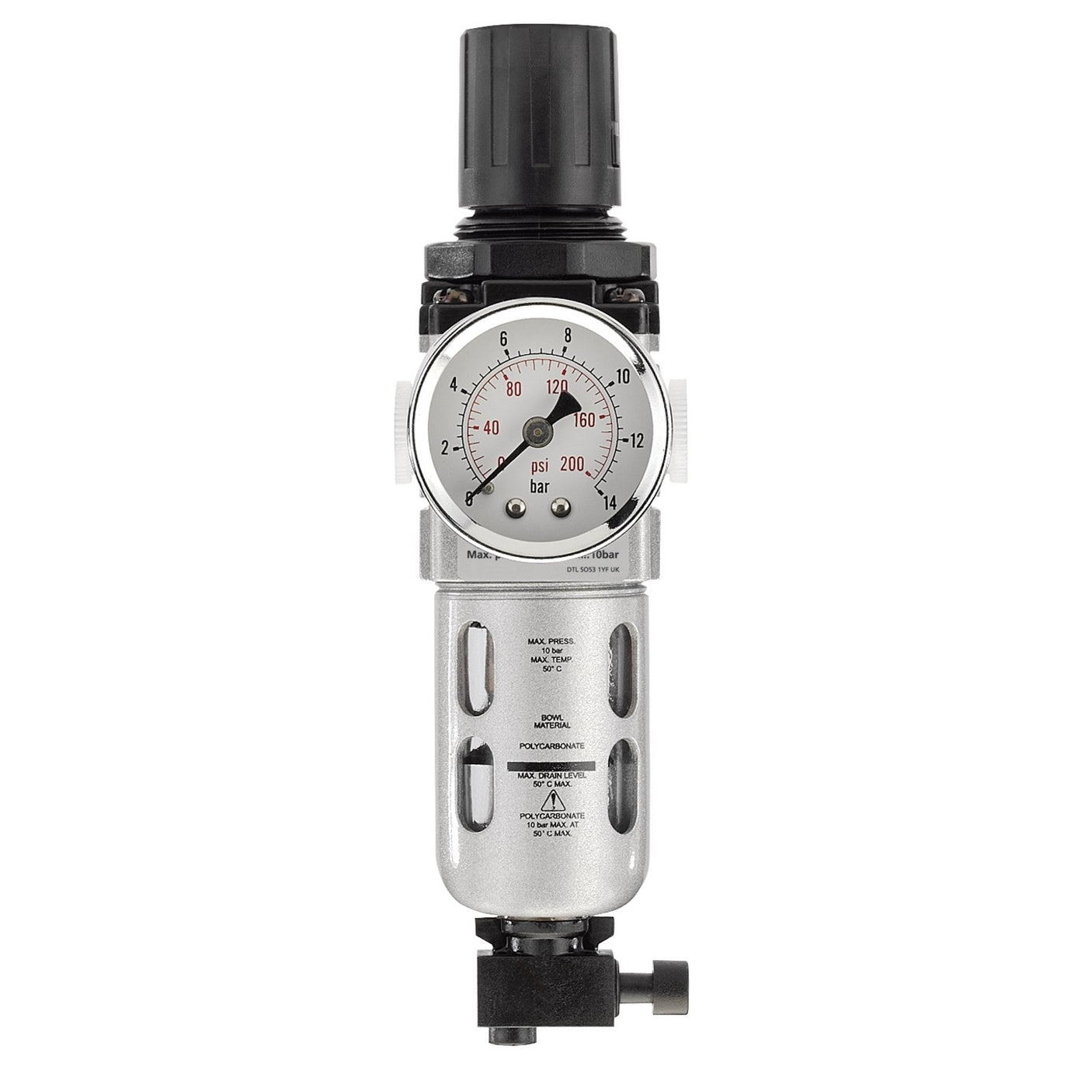 Image of a Draper 1/4" Bsp Combined Filter/Regulator Unit - ALFR1 with a connected gauge displaying pressure levels in psi and bar. The unit features a black top knob for adjustments, a metal body with labeled indicators and markings, and includes a 40 micron filter for effective air flow control.