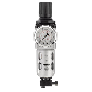 Image of a Draper 1/4" Bsp Combined Filter/Regulator Unit - ALFR1 with a connected gauge displaying pressure levels in psi and bar. The unit features a black top knob for adjustments, a metal body with labeled indicators and markings, and includes a 40 micron filter for effective air flow control.