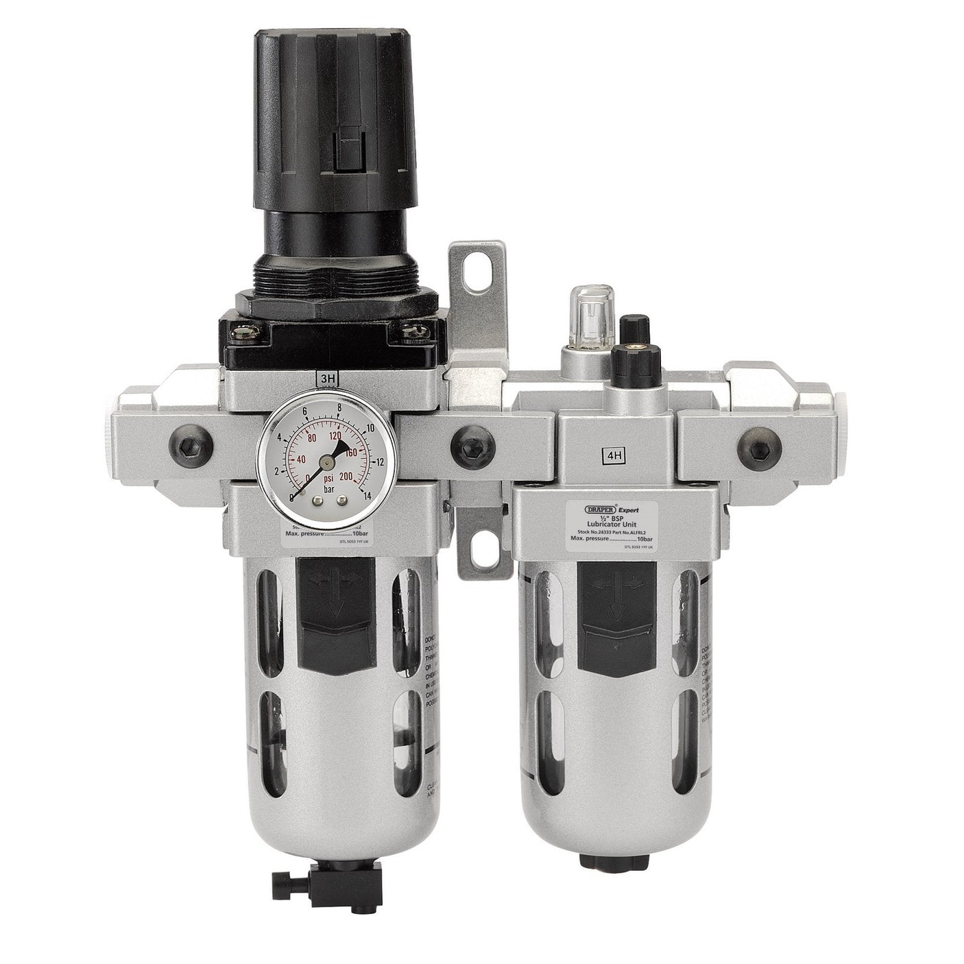 Image of the Draper 1/2" BSP Combined Filter/Regulator/Lubricator - ALFRL2, showcasing a pressure gauge and a robust metal housing with transparent sections for efficient moisture elimination and a 40-micron filter.