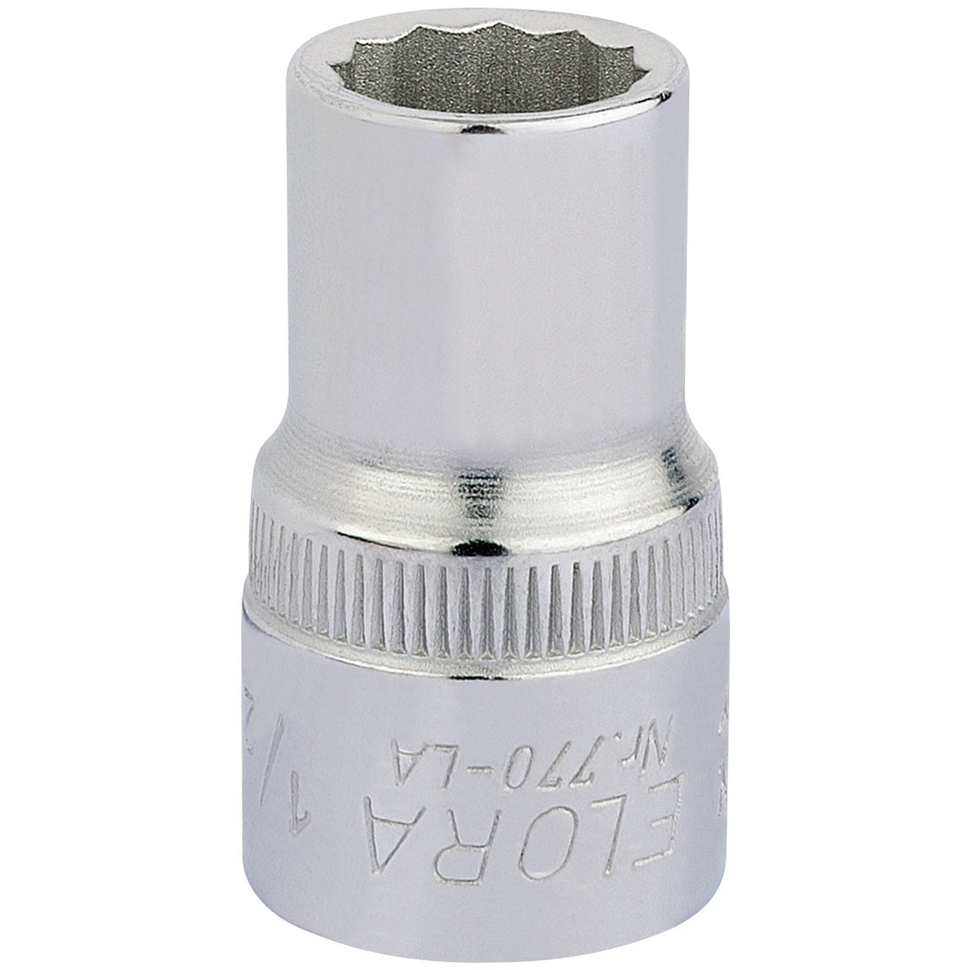 The Draper Elora Bi-Hexagon Socket, 1/2" Sq. Dr., 1/2", finished in chrome with a knurled grip, is crafted from robust chrome vanadium steel and features the size marking "7/16" etched on the base.