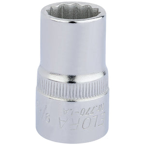 The Draper Elora Bi-Hexagon Socket, 1/2" Sq. Dr., 9/16" - 770-LA 9/16, features a chrome finish and is crafted from chrome vanadium steel with a knurled ring. The brand name "Draper" is engraved on the side. It also offers corrosion protection and meets DIN3122 standards for durability.