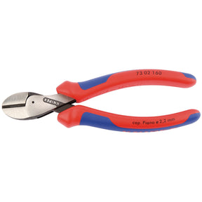 A pair of Draper Knipex 73 02 160Sb 'X Cut' High Leverage Diagonal Side Cutters, model 73 02 160 SB, featuring red and blue handles, with induction-hardened cutting edges and a cutting capacity of up to 2.2 mm.