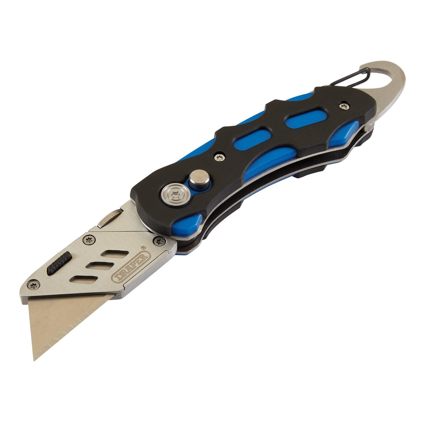 A Draper Folding Trimming Knife with a retractable blade, safety locking mechanism, and a metal belt clip on the handle, available in blue and black.