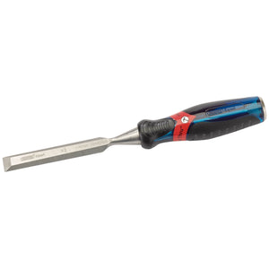 A Draper Soft Grip Pound Thru Bevel Edge Wood Chisel, 16 X 140mm - DEPTWD, which has a black and blue soft grip handle and features chrome vanadium steel with the brand "Draper" printed on the blade.