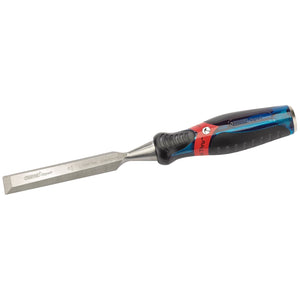 A Draper Soft Grip Pound Thru Bevel Edge Wood Chisel, 19 X 140mm - DEPTWD, with a black and blue impact-resistant ergonomic handle, featuring branding and measurement markings on the durable chrome vanadium steel blade.