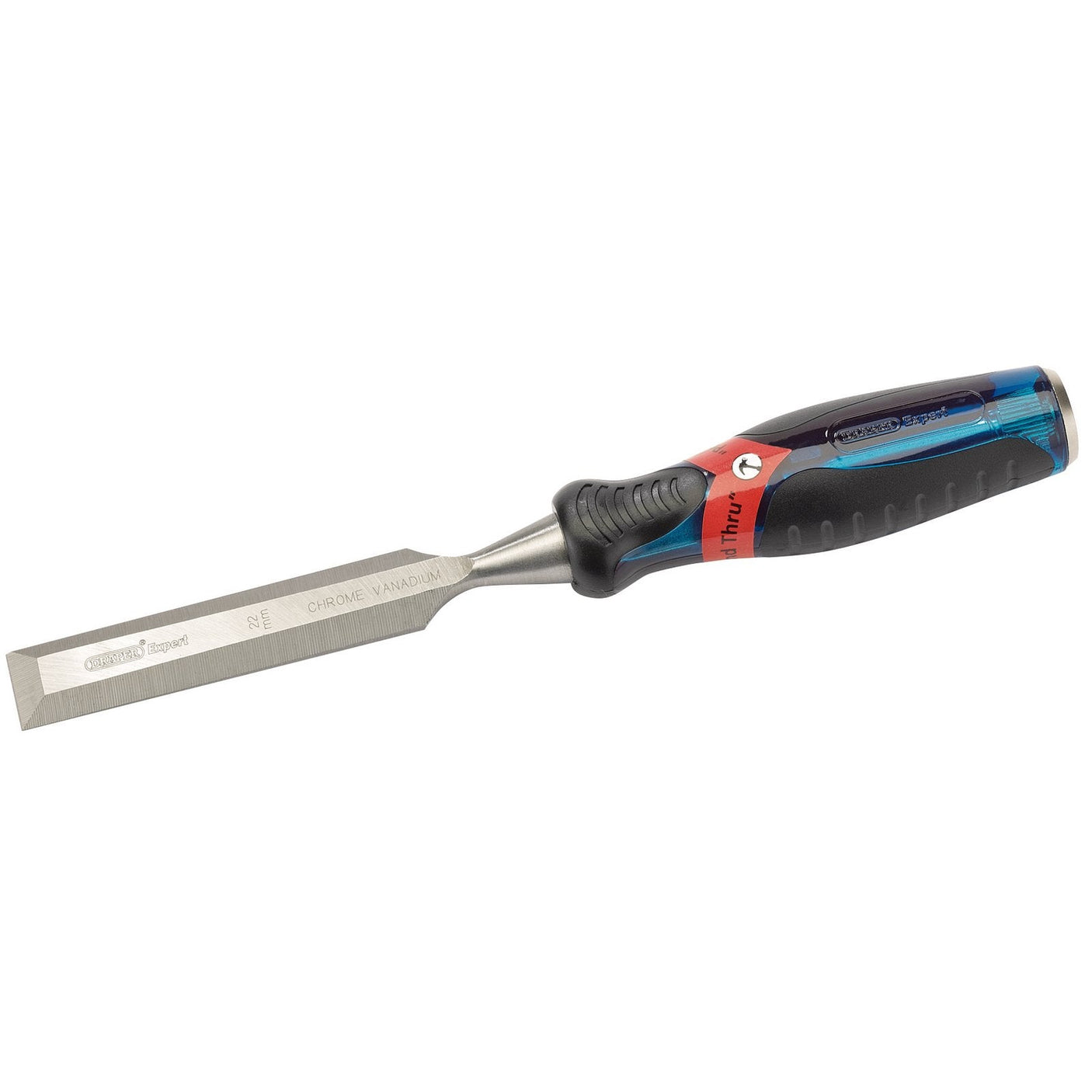 The Draper Soft Grip Pound Thru Bevel Edge Wood Chisel, measuring 22 x 140mm - DEPTWD, is shown with a chrome vanadium steel blade and a black and blue soft grip handle. This chisel, which features Pound Thru technology, is designed for woodworking and construction tasks.