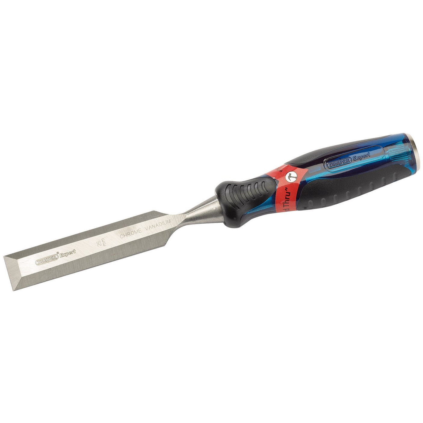 The Draper Soft Grip Pound Thru Bevel Edge Wood Chisel, 25 X 140mm - DEPTWD, features a blue and black ergonomic, impact-resistant soft grip handle with a red band. Its silver blade is labeled to indicate it is made of chrome vanadium steel.