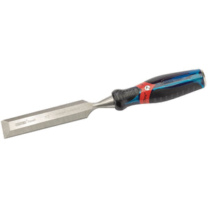 The Draper Soft Grip Pound Thru Bevel Edge Wood Chisel, measuring 28 x 140mm and featuring a blue and red soft grip handle, is crafted from durable chrome vanadium steel with a beveled edge blade.