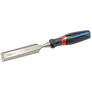 The Draper Soft Grip Pound Thru Bevel Edge Wood Chisel, 32 X 140mm - DEPTWD, features a chrome vanadium steel blade and a black and blue soft grip handle. The Pound Thru blade has a beveled edge, and the handle is wrapped with a red strap near the base.