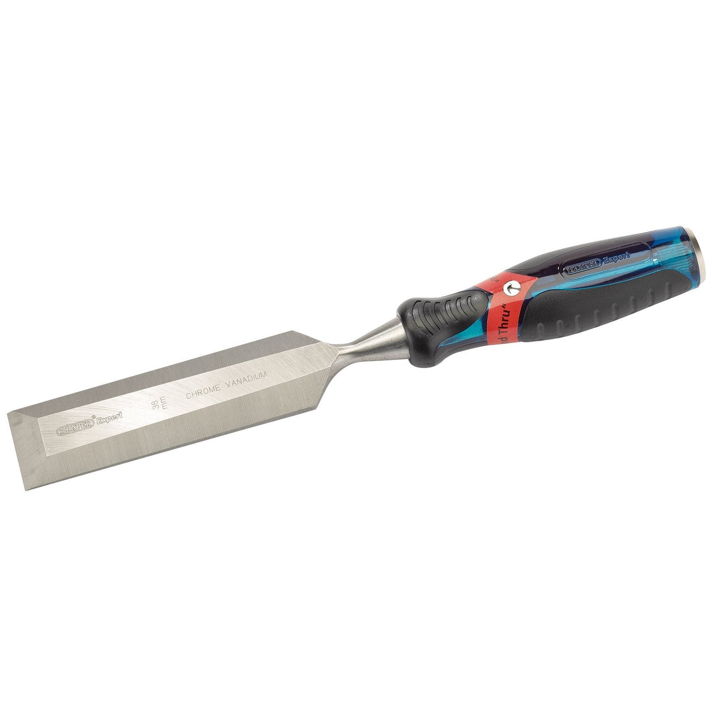 The Draper Soft Grip Pound Thru Bevel Edge Wood Chisel, 38 x 140mm - DEPTWD features a black, blue, and red ergonomic soft grip handle and a blade marked "chrome vanadium.”