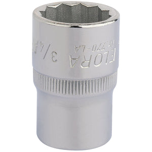 The Draper Elora Bi-Hexagon Socket, 1/2" Sq. Dr., 3/4" - 770-LA 3/4 by Draper is made of chrome vanadium steel with engraved text displaying the size "3/4" and "FLORA." The top section has a recessed six-point hexagonal shape for gripping nuts or bolts, adhering to DIN3122 and ISO3315 specifications for reliability and durability.