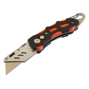 The Draper Folding Trimming Knife With Belt Clip, Green/Orange - FTKC/OG from the brand Draper features a soft grip body, safety locking mechanism, exposed sharp blade, and a metal loop at the end.