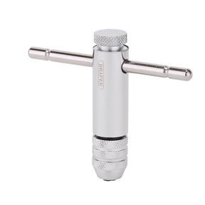The Draper Ratchet Tap Wrench, M3-M8 - RTWM38, by Draper, features a metal T-handle with an ergonomic knurled grip, adjustable jaws for various tap sizes, and a versatile multipositional sliding T-bar for secure threading operations.