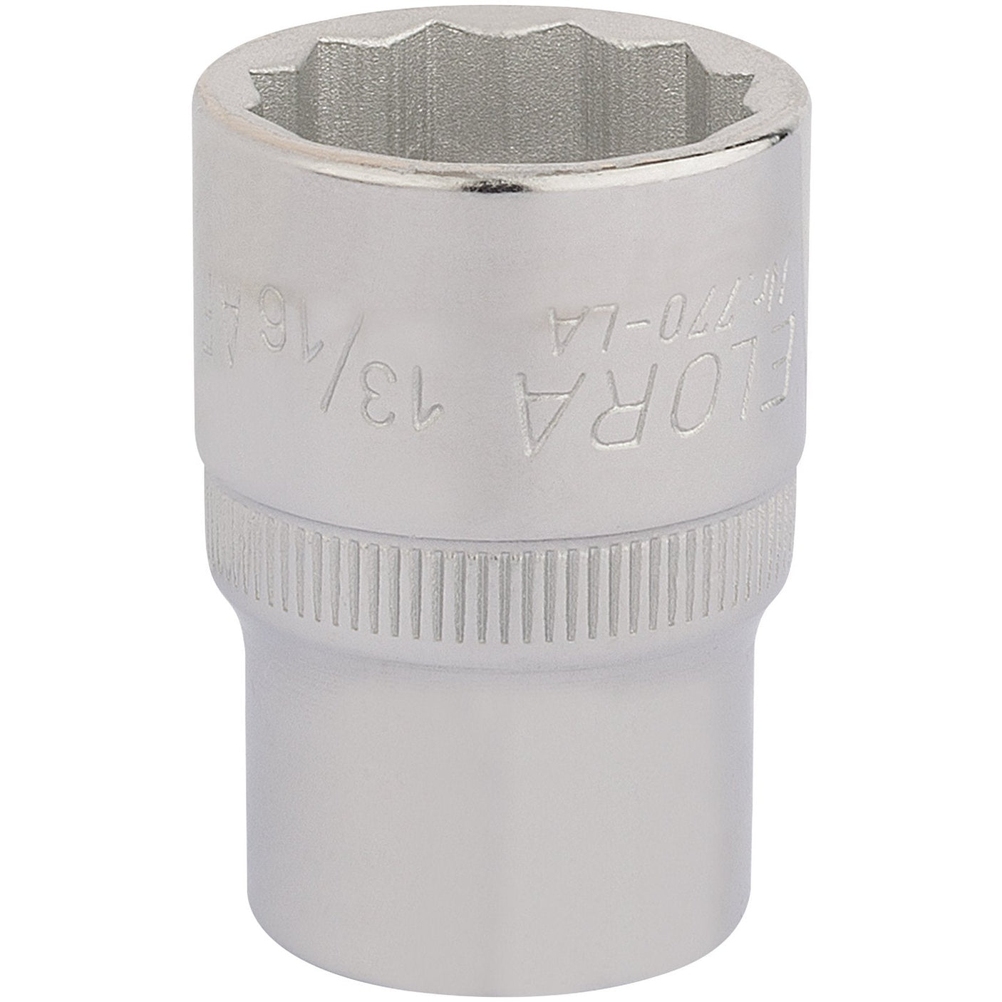 A close-up view of a shiny, chrome vanadium steel Draper Elora Bi-Hexagon 1/2" square drive socket, specifically the 13/16" model (770-LA 13/16), designed for use with a ratchet or wrench. The text "ELORA" and "13/16" is engraved on the surface, ensuring durability and corrosion protection that meets DIN3122 standards.