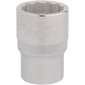 A close-up view of a shiny, chrome vanadium steel Draper Elora Bi-Hexagon 1/2" square drive socket, specifically the 13/16" model (770-LA 13/16), designed for use with a ratchet or wrench. The text "ELORA" and "13/16" is engraved on the surface, ensuring durability and corrosion protection that meets DIN3122 standards.