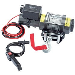 The Draper Expert Quality 12V Recovery Winch, model RW/12V-1134KGS, with a capacity of 1134 kg, features a high power DC motor, durable metal cable spool, red and black power cables, a hook equipped with a red strap, and includes a remote control switch—ideal for vehicle mounting.