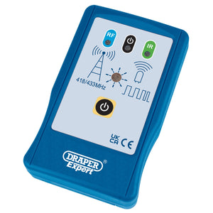 A blue Draper Vehicle Key Fob Tester - KFT, labeled "418/433MHz" with RF, IR, and power buttons on the front. Featuring an antenna symbol and waveforms, it is used for detecting RF and IR signals, making it ideal for tasks involving infrared wavelengths from vehicle key fobs.