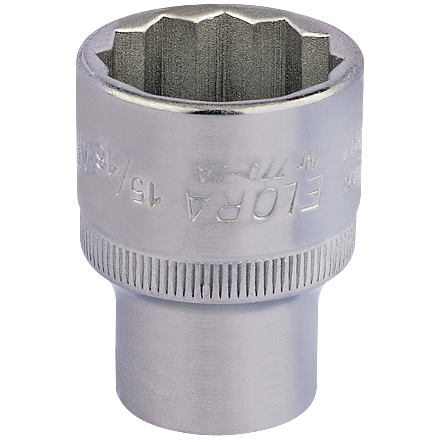 A Draper Elora Bi-Hexagon Socket, 1/2" Sq. Dr., 15/16" - 770-LA 15/16, made from chrome vanadium steel with the size and brand name etched on the side for added corrosion protection.