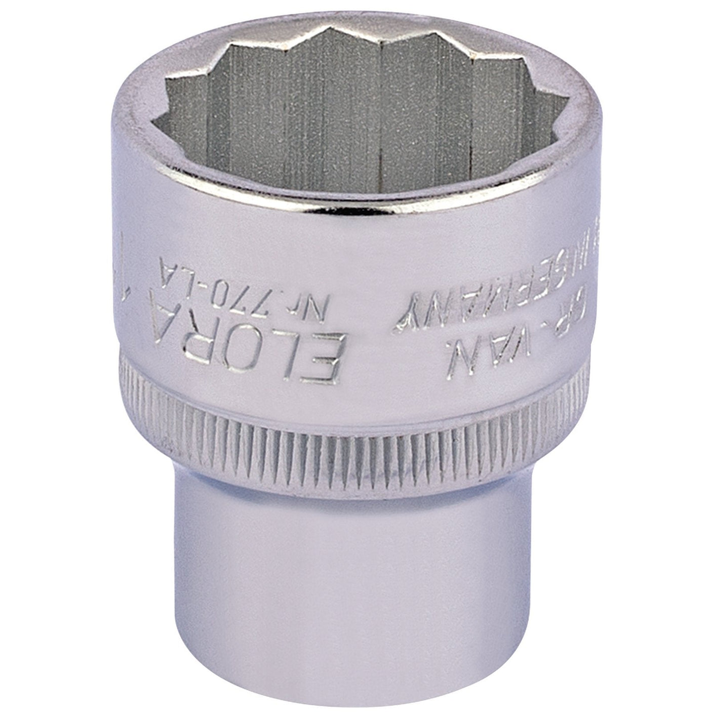 A silver, 12-point Bi-Hexagon socket wrench head made from durable chrome vanadium steel, featuring the engraved text "ELORA" and specifications such as DIN3122 and advanced corrosion protection. This high-quality product is known as the Draper Elora Bi-Hexagon Socket, 1/2" Sq. Dr., 1" - 770-LA 1.