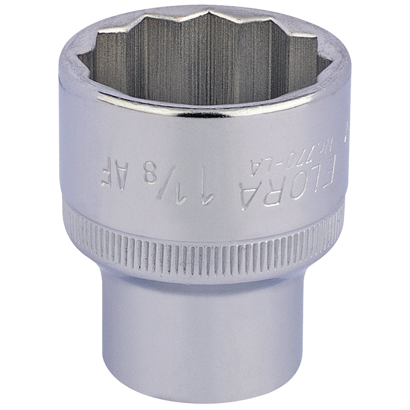 A close-up of a Draper Elora Bi-Hexagon Socket, 1/2" Sq. Dr., crafted from tempered chrome vanadium steel with markings "770-LA 1.1/8" etched on the side, offering enhanced corrosion protection.