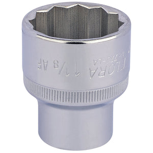 A close-up of a Draper Elora Bi-Hexagon Socket, 1/2" Sq. Dr., crafted from tempered chrome vanadium steel with markings "770-LA 1.1/8" etched on the side, offering enhanced corrosion protection.