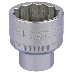 A 1-1/4 inch bi-hexagon socket with a 12-point design, manufactured by Draper, features corrosion protection and is crafted from durable chrome vanadium steel. It is identified as the Draper Elora Bi-Hexagon Socket, 1/2" Sq. Dr., 1.1/4" - 770-LA 1.1/4.