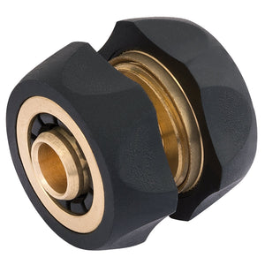 A small metallic mechanical part with a cylindrical shape, featuring two black grooved sections on either side of a central golden section made from high-quality brass connectors, like the Draper Brass And Rubber Hose Joiner/Mender, 1/2" - GWBR-HM by Draper.