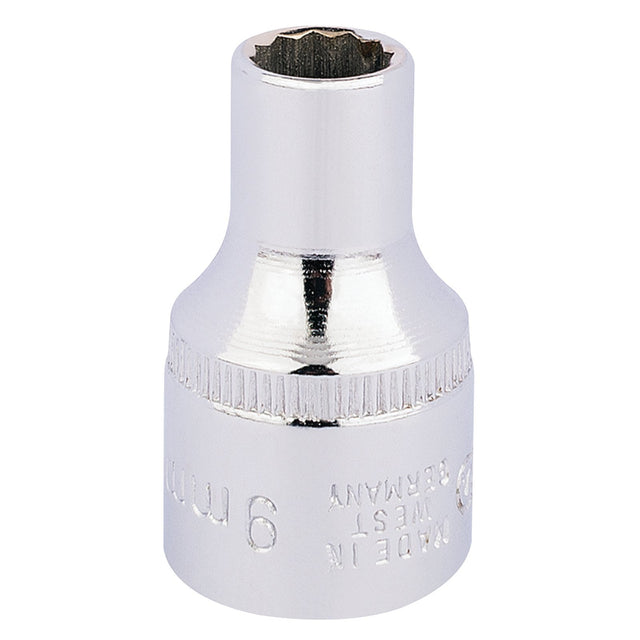 A close-up image of the Draper Elora Bi-Hexagon Socket, 1/2" Sq. Dr., 9mm - 770-LM 9, made in Germany with a chrome finish, crafted from professional quality chrome vanadium steel adhering to DIN 3124/ISO 2725 standards.