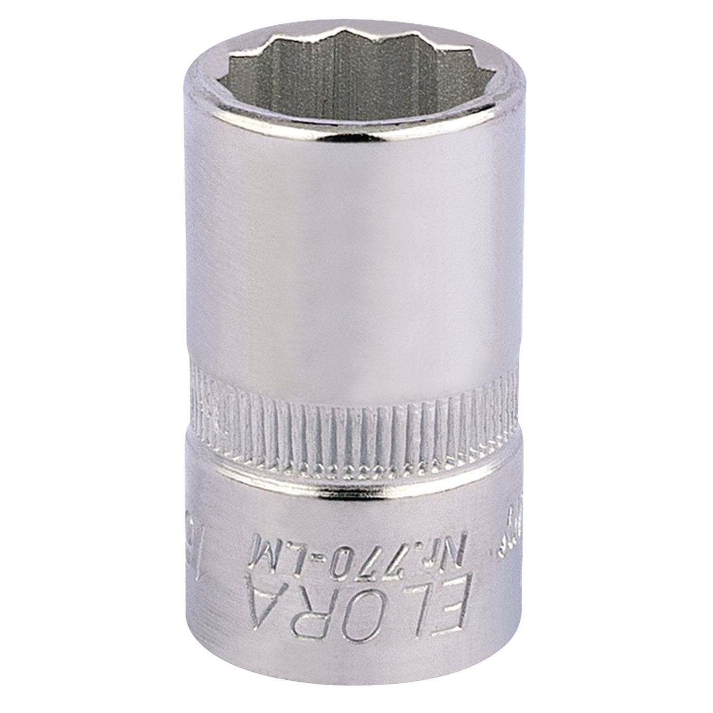 A Draper Elora Bi-Hexagon Socket, 1/2" Sq. Dr., 16mm - 770-LM 16, crafted from chrome vanadium steel with a knurled grip section and the word "ELORA" engraved on its side. The cylindrical tool meets DIN 3124/ISO 2725 standards and is open on one end for fitting over a nut or bolt.