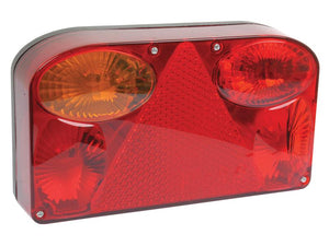 The Sparex Rear Combination Light (Halogen) for the left-hand side features a six-function design, including brake, tail, indicator, fog light, number plate light, and reflectors. It comprises two circular amber indicators and red reflectors centered around a red triangular reflector made from durable polycarbonate. This 12V assembly offers robust performance.