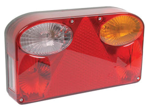 The Sparex Rear Combination Light Halogen Assembly includes red, amber, and white lenses housed in a reinforced rectangular polycarbonate casing. This right-hand 12V light offers six functions: brake, tail, indicator, reverse, number plate illumination, and reflector.