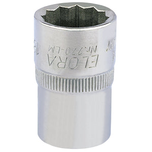 The Draper Elora Bi-Hexagon Socket, 1/2" Sq. Dr., 18mm - 770-LM 18, crafted from durable chrome vanadium steel and designed for removing and tightening nuts and bolts, meets DIN 3124/ISO 2725 standards, ensuring top-notch performance and corrosion protection.