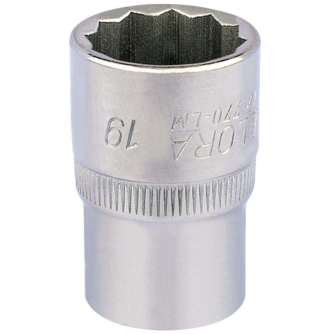 The Draper Elora Bi-Hexagon Socket, 1/2" Sq. Dr., 19mm - 770-LM 19, features a metallic wrench head with "19" and other text engraved on its surface. It is crafted from durable chrome vanadium steel for enhanced durability and corrosion protection, meeting the DIN 3124/ISO 2725 standards.