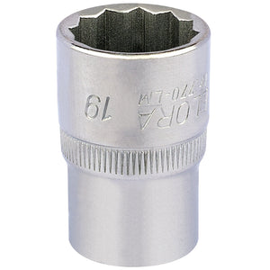 The Draper Elora Bi-Hexagon Socket, 1/2" Sq. Dr., 19mm - 770-LM 19, features a metallic wrench head with "19" and other text engraved on its surface. It is crafted from durable chrome vanadium steel for enhanced durability and corrosion protection, meeting the DIN 3124/ISO 2725 standards.