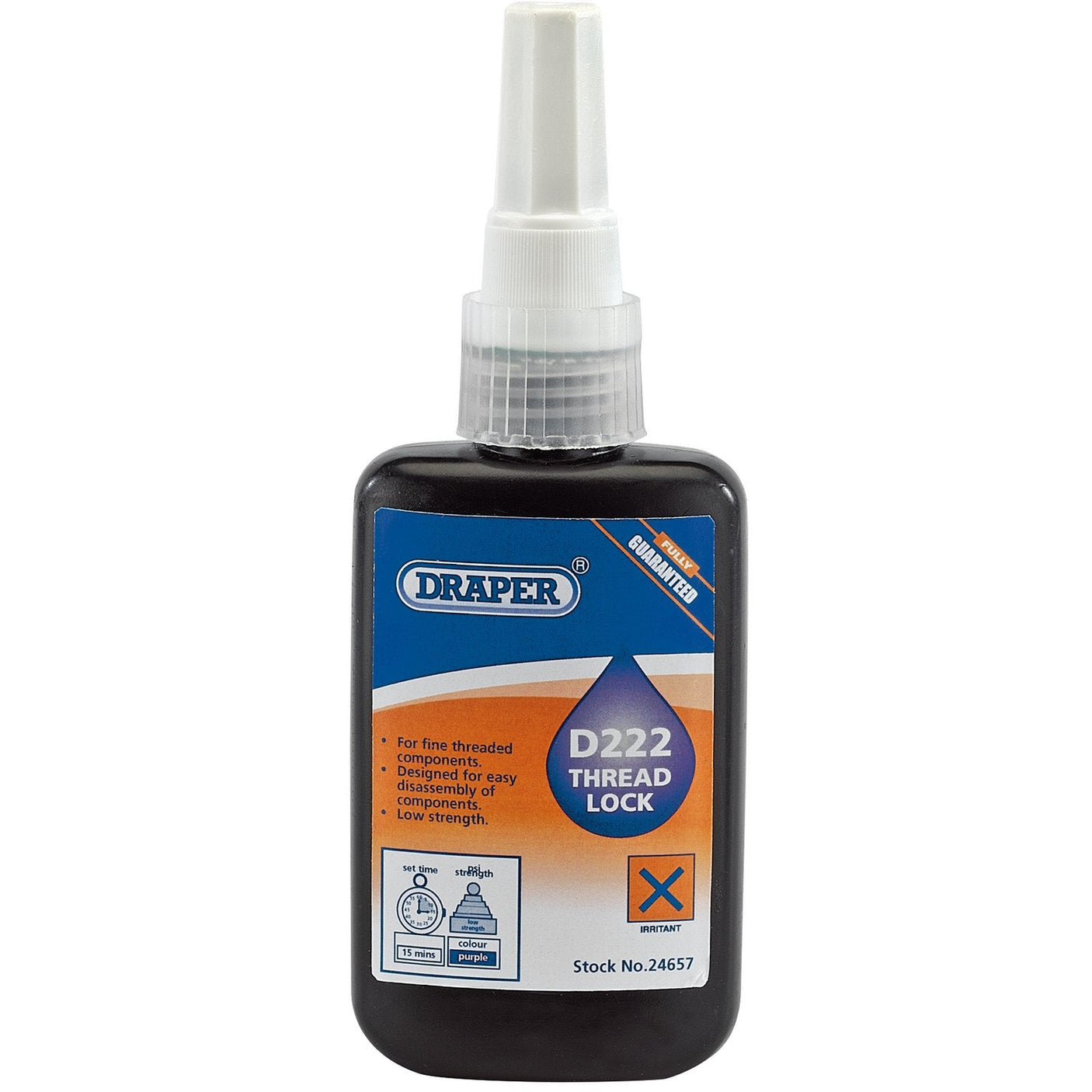 Bottle of Draper D222 Thread Lock - DTL222 by Draper, designed for fine-threaded components such as set screws and adjusting screws. It features an easy disassembly with hand tools, a low-strength thread locking formula resistant to vibration. Stock No: 24657.