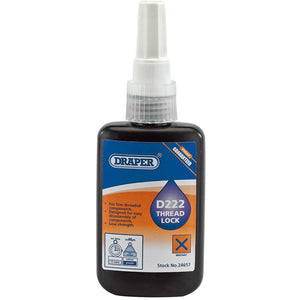 Bottle of Draper D222 Thread Lock - DTL222 by Draper, designed for fine-threaded components such as set screws and adjusting screws. It features an easy disassembly with hand tools, a low-strength thread locking formula resistant to vibration. Stock No: 24657.