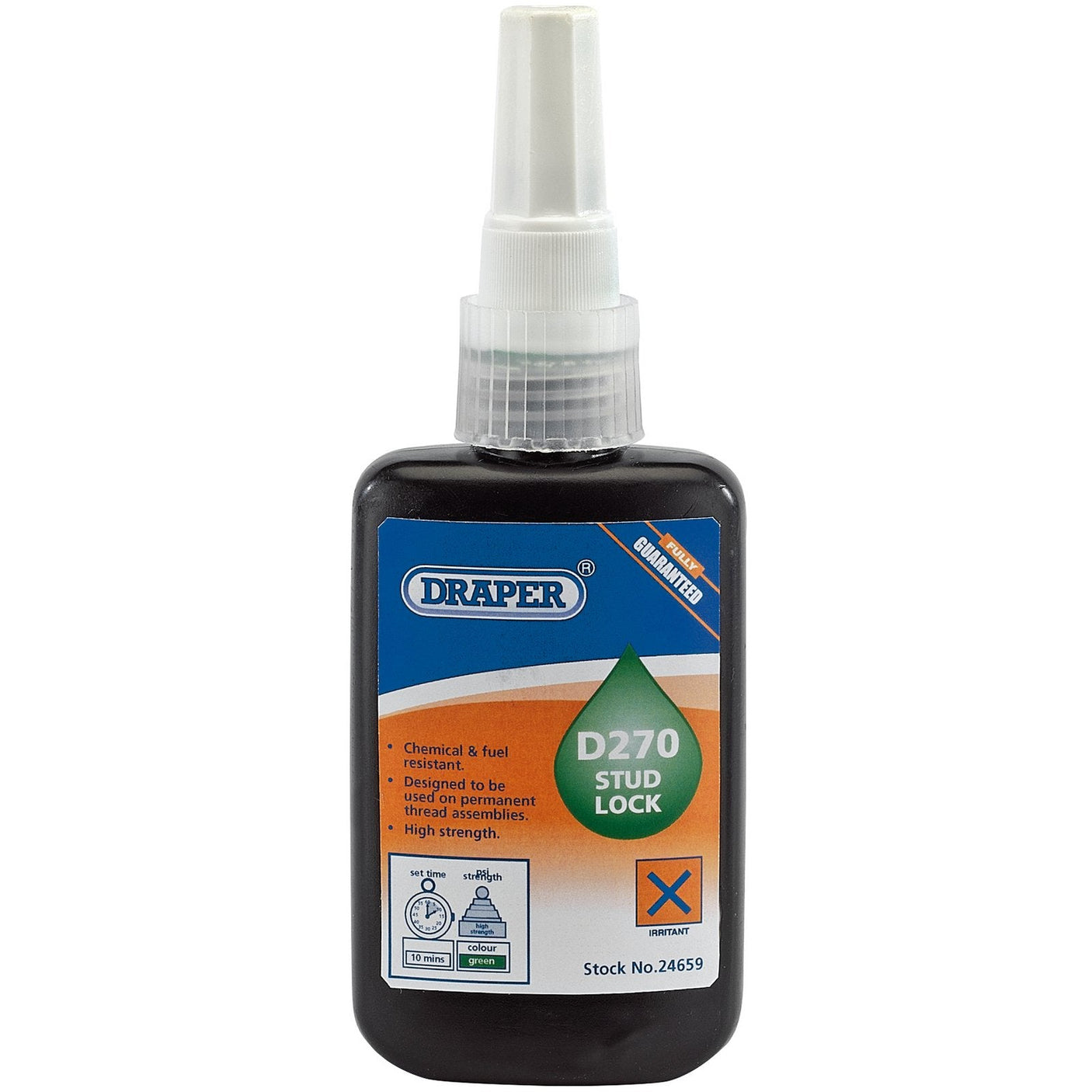 Bottle of Draper D270 Stud Lock - DSL270 adhesive with a nozzle cap, designed for high-strength, permanent threaded assemblies. It is chemical and fuel resistant, packaged in a black container with a blue and orange label.