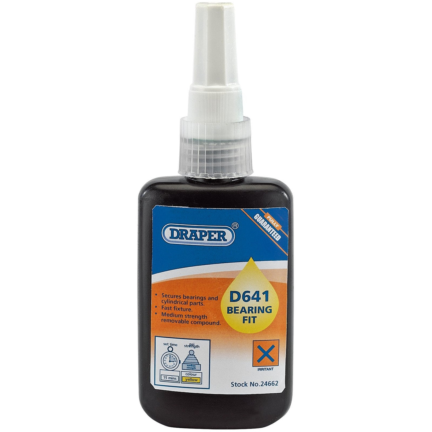 The Draper D641 Bearing Fit - DBF641 adhesive, branded by Draper and labeled "Engineers Standard," is ideal for securing bearings and cylindrical metal assemblies. This medium-strength, removable securing compound ensures a reliable hold for critical applications.