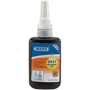 The Draper D641 Bearing Fit - DBF641 adhesive, branded by Draper and labeled "Engineers Standard," is ideal for securing bearings and cylindrical metal assemblies. This medium-strength, removable securing compound ensures a reliable hold for critical applications.