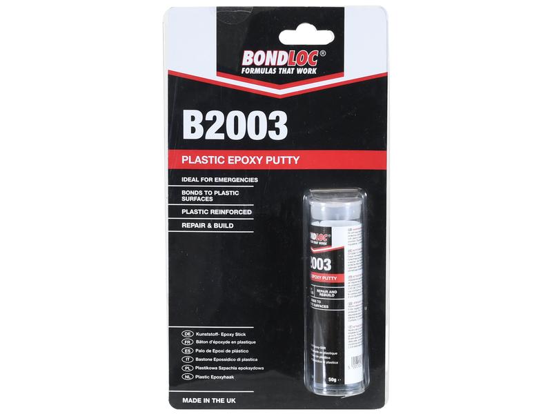 A packaged tube of Sparex BondLoc B2003 Plastic Epoxy Stick, 50g, labeled for bonding plastic surfaces, plastic reinforcement, and repair/build projects. Made in the UK with Sparex Part Number: S.24662.