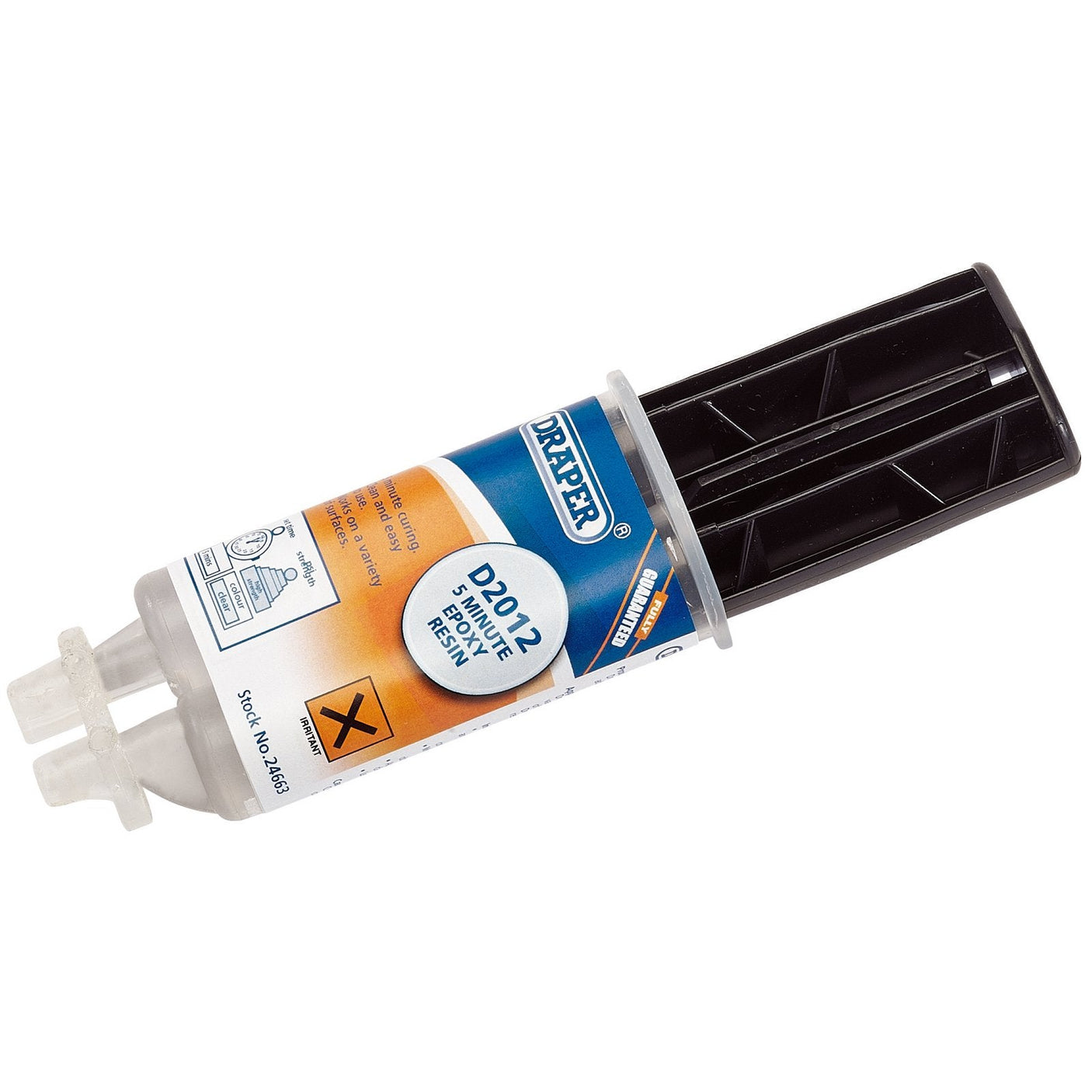 A syringe labeled "Draper D2012 Epoxy Structural Adhesive - DEPR2012" with dual chambers containing adhesive resin and hardener, equipped with a black plunger, ensures a tough resilient bond for seamlessly bonding surfaces.