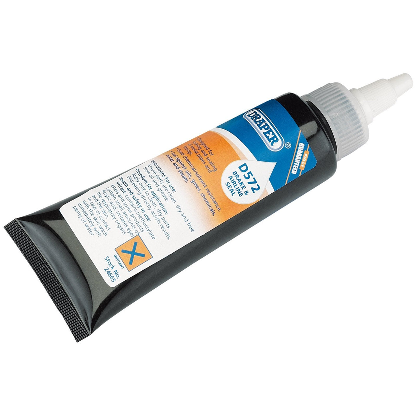 A tube of Draper D572 Brake And Air Line Seal - DBAS572, featuring a white applicator tip and an orange and blue label, ideal for sealing metal pipes to prevent loosening and leakage.