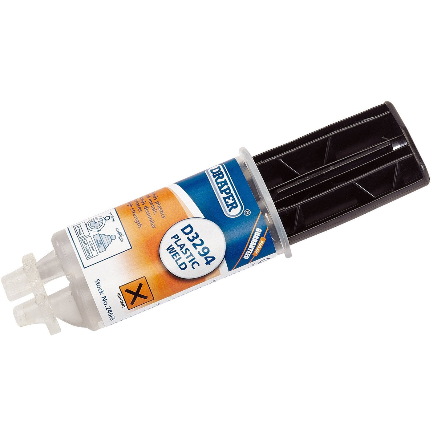 The Draper D3294 Plastic Weld - DPW3294, a dual-tube structural adhesive from Draper, includes a plunger and applicator tip. Designed for bonding various substrates, it carries hazard symbols indicating potential harm or irritation.