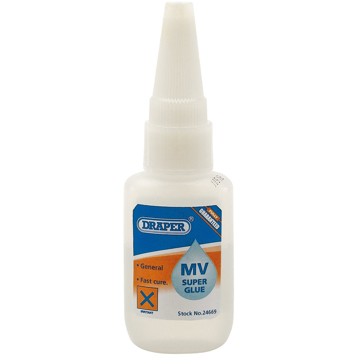 A bottle of Draper Super Glue - DMVB/CA MV with a white applicator tip features a label indicating it is for general use and fast curing, thanks to its cyanoacrylate adhesive formula. Stock No. 24669 is printed at the bottom.