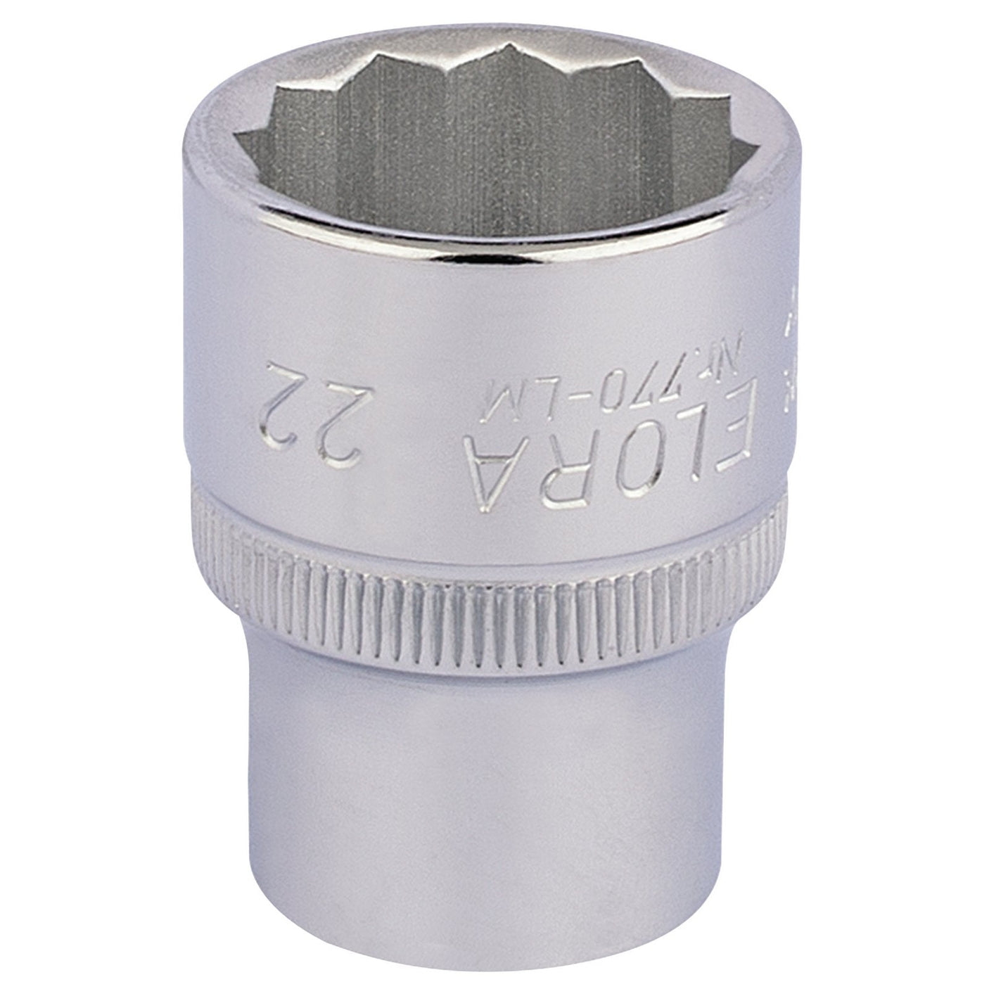 The Draper Elora Bi-Hexagon Socket, 1/2" Sq. Dr., 22mm - 770-LM 22, is a silver mechanical socket made from chrome vanadium steel with engraved markings, featuring a 12-point design and offering excellent corrosion protection.