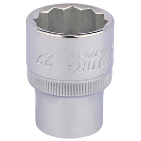 The Draper Elora Bi-Hexagon Socket, 1/2" Sq. Dr., 22mm - 770-LM 22, is a silver mechanical socket made from chrome vanadium steel with engraved markings, featuring a 12-point design and offering excellent corrosion protection.