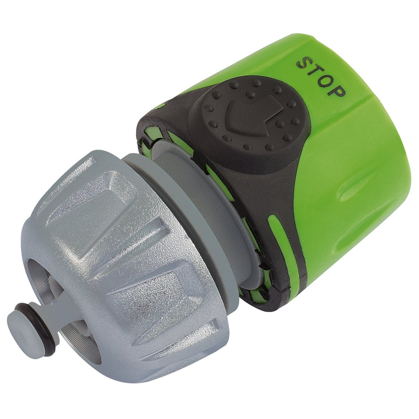 The Draper Tap Connector with Stop Feature, 1/2" - GWSGM-HCWS is a green and gray garden hose connector that features a twist mechanism for attaching to a hose and has a soft grip for easy handling. It is labeled "STOP" on the top for added convenience.