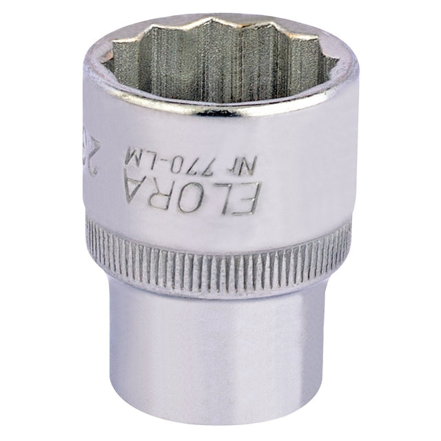 A metal socket wrench attachment labeled "Draper Elora Bi-Hexagon Socket, 1/2" Sq. Dr., 23mm - 770-LM 23," crafted from chrome vanadium steel for superior durability, features a grooved grip and a 12-point star-shaped opening.